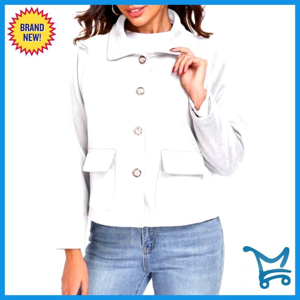 Cropped Faux Suede Jacket Button Down Casual Fall Winter Shacket - Picture 2 of 7